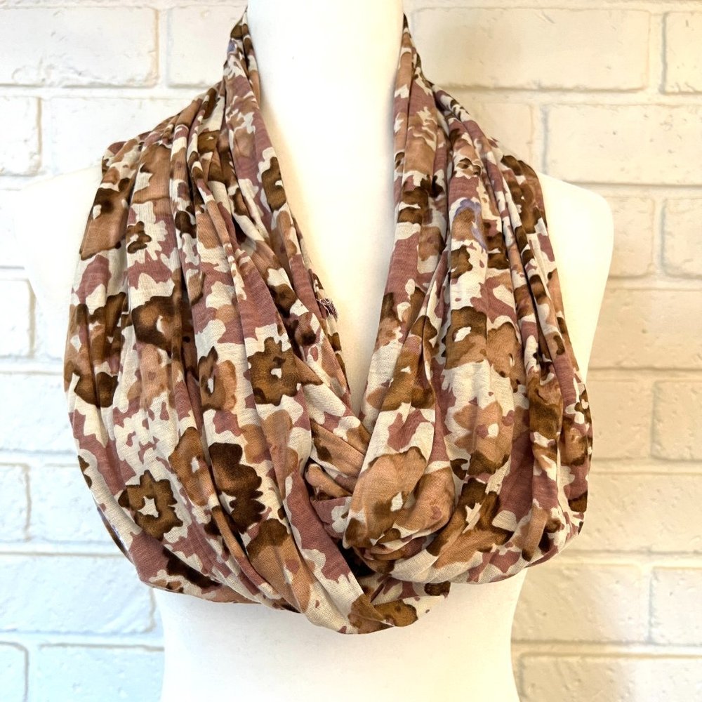 Pink and brown watercolor floral knit infinity scarf